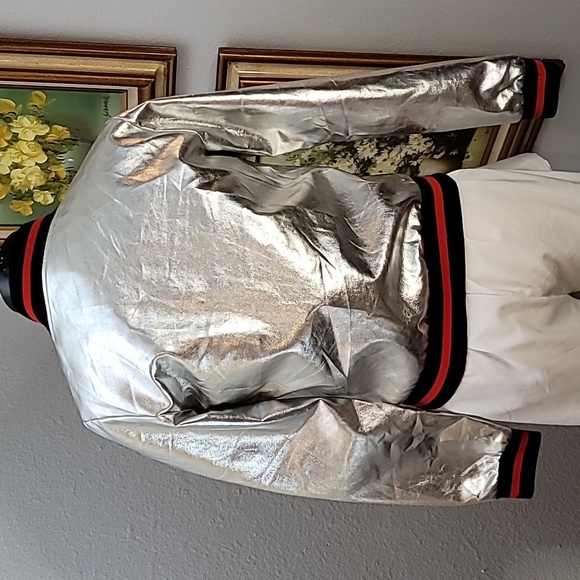 Silver metallic bomber jacket kids large black red stripes Haoduoyi brand - Picture 7 of 17